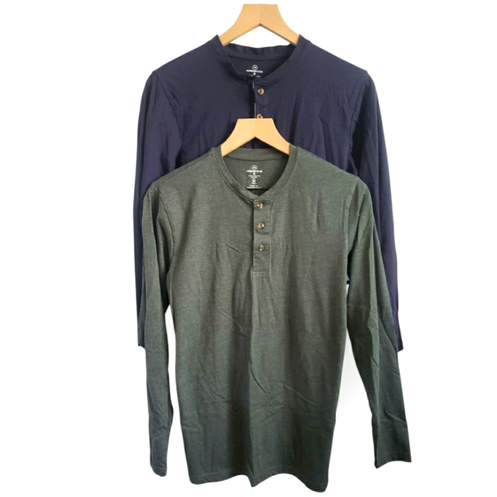 Real Essentials Men's Henley Shirts (2) - Green and Navy - Size S
